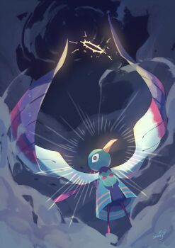 animal_focus beak bird black_eyes closed_mouth cloud feathered_wings feathers full_body gen_2_pokemon green_feathers highres looking_at_viewer night nintendo no_humans pokemon pokemon_(creature) sky solo white_feathers wide-eyed wings xatu zaber_(littlesuzume)