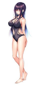 1girl :d amakano_2 arms_behind_back bare_shoulders barefoot black_one-piece_swimsuit blush breasts cleavage closed_eyes clothing_cutout collarbone facing_viewer full_body green_eyes groin hair_between_eyes himiyama_rei hip_vent large_breasts large_variant_set legs long_hair long_sidelocks navel official_art one-piece_swimsuit open_mouth piromizu purple_hair sidelocks simple_background smile solo standing stomach swimsuit tachi-e thighs variant_set white_background
