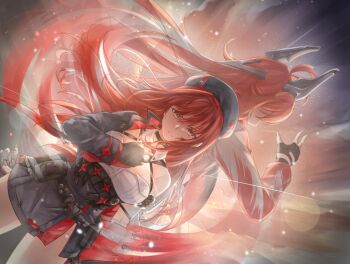 2girls ammunition_pouch back-to-back beret black_choker black_jacket choker closed_mouth cropped_jacket dutch_angle fingerless_gloves from_behind gloves goddess_of_victory:_nikke hand_on_own_chest hat horns jacket limitless_skye long_hair looking_at_viewer mechanical_horns multiple_girls pouch rapi_(nikke) red_hair red_hood_(nikke) shirt single_bare_shoulder sleeveless sleeveless_shirt very_long_hair white_shirt