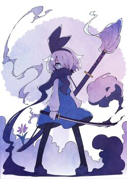 1girl absurdres asameshi black_hairband black_leggings blue_eyes blue_skirt blue_vest bow flat_chest flower full_body hair_ribbon hairband highres holding holding_sword holding_weapon katana konpaku_youmu konpaku_youmu_(ghost) leggings long_sleeves looking_at_viewer ribbon scarf scarf_over_mouth sheath sheathed shirt short_hair skirt skirt_set solo standing sword sword_on_back touhou vest weapon weapon_on_back white_hair