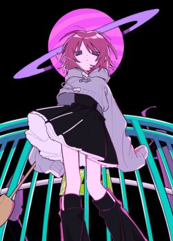 1girl black_dress black_leg_warmers closed_mouth drawstring dress eguwi expressionless feet_out_of_frame from_below grey_hoodie hashtag-only_commentary highres hood hood_down hoodie kaiba_seichoutsuu_(zutomayo) leg_warmers long_sleeves mole mole_under_eye nira-chan_(kaiba_seichoutsuu)_(zutomayo) petticoat pink_hair planet pleated_dress short_hair sleeves_past_fingers sleeves_past_wrists solo tareme zutto_mayonaka_de_ii_no_ni