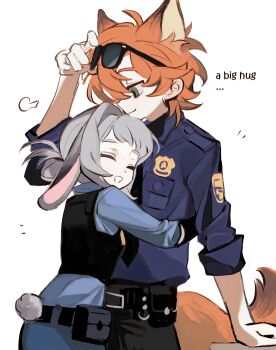 1boy 1girl absurdres ahoge animal_ears animification belt black_necktie black_vest closed_eyes commentary cowboy english_text eyewear_on_head fox_boy fox_ears fox_tail green_eyes grey_hair hair_bun happy height_difference highres hug humanization judy_hopps necktie nick_wilde orange_hair pants police police_badge police_uniform policeman policewoman rabbit_ears rabbit_girl rabbit_tail single_hair_bun smile sunglasses symbol-only_commentary tail vest western white_background ya15217084 zootopia