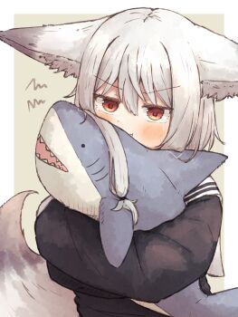 1girl :t animal_ears black_shirt closed_mouth commentary_request fox_ears fox_girl fox_tail highres hugging_object long_sleeves looking_at_viewer mayu_(meguru_1225) meguru_1225 original red_eyes sailor_collar sailor_shirt shirt simple_background solo stuffed_animal stuffed_shark stuffed_toy tail tearing_up tears v-shaped_eyebrows white_hair white_sailor_collar