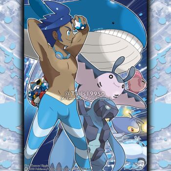 alomomola aqua_eyes arm_behind_back armpits artist_name bag blue_eyes blue_pants carracosta closed_mouth commentary company_name copyright_notice dark-skinned_male dark_skin dive_ball english_commentary from_side gen_2_pokemon gen_3_pokemon gen_5_pokemon goggles goggles_around_neck great_ball holding holding_bag holding_poke_ball instagram_username jellicent jellicent_(male) lanturn mantine marlon_(pokemon) merchandise_available nintendo official_style outline pants poke_ball poke_ball_(basic) pokemon pokemon_(creature) pokemon_bw2 pokemon_team red_eyes short_hair smile standing stomach swim_goggles tan teeth tom_higgins topless_male ultra_ball wailord watermark white_outline yellow_eyes