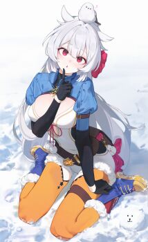 1girl absurdres animal animal_on_head arm_belt belt belt_bag bird bird_on_head black_gloves blush boots breasts brown_belt charm_(object) commentary fur-trimmed_boots fur-trimmed_leotard fur_trim fuyuka_(stella_sora) gjz1227 gloves hair_between_eyes head_tilt highres knee_boots legs leotard long_sleeves looking_at_viewer medium_breasts multicolored_boots on_ground on_head parted_lips pom_pom_(clothes) red_eyes shrug_(clothing) sidelocks sitting snow snowflake_brooch snowflake_ornament snowman solo stella_sora thighs two-tone_boots wariza white_background white_hair white_leotard yellow_leggings