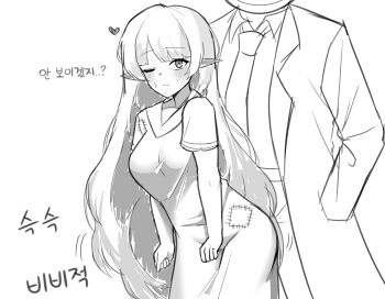 1boy 1girl absurdres arknights ass blush breasts dante_(limbus_company) heart highres jinggeomdari limbus_company long_hair mayors_(project_moon) necktie patchwork_clothes pointy_ears project_moon spoken_heart white_background