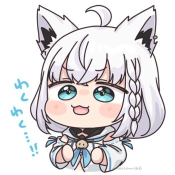 1girl :d ahoge animal_ear_fluff animal_ears blush_stickers braid chibi commentary_request cropped_torso drawstring fox_ears hololive long_sleeves mochimiko open_mouth shirakami_fubuki shirakami_fubuki_(1st_costume) simple_background smile solo translation_request upper_body virtual_youtuber white_background white_hair white_sleeves wide_sleeves