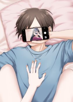 1boy 1girl bed_sheet black_hair blue_shirt boku_no_kokoro_no_yabai_yatsu cellphone commentary_request covering_face girl_on_top highres holding holding_phone ichikawa_kyoutarou long_hair lying mirror_selfie nail_polish narumi_(62rimi) on_back orange_nails phone pillow pov pov_hands selfie shirt short_hair sitting sitting_on_person smartphone taking_picture yamada_anna