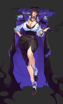 1girl absurdres black_bra black_hair black_skirt bra breasts cigarette cleavage coat coat_on_shoulders full_body hat high-waist_skirt highres holding holding_cigarette large_breasts lips long_coat long_hair mogeckko neck_tattoo original shoes side_slit skirt sun_hat tattoo underwear yellow_eyes