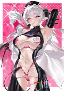 1girl absurdres animal_ears armband armpits arms_behind_head arms_up bare_shoulders belt black_horns black_wings blush bodysuit border breasts breasts_apart closed_mouth coat commentary covered_navel cross cross_pasties cross_print demon_girl demon_horns demon_tail demon_wings gluteal_fold gradient_horns groin hair_between_eyes hair_intakes hair_tie hair_tie_in_mouth halterneck hat highleg highleg_panties highres horizontal_pupils horns id_card inset_border large_breasts latex latex_bodysuit long_hair long_sleeves looking_at_viewer mouth_hold multicolored_horns navel nurse nurse_cap original oxygen_mask_(oxygenmask233) panties pasties pink_armband pink_background pink_belt pink_eyes see-through_bodysuit see-through_clothes sleeveless sleeveless_bodysuit smile solo sparkle syringe tail thigh_strap underwear very_long_hair white_border white_coat white_hair white_trim wings