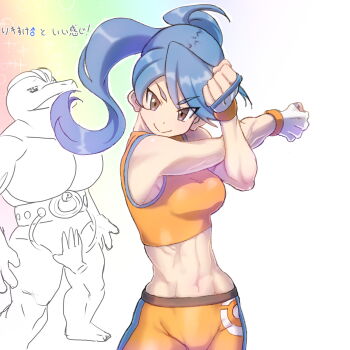 Rule 34 | 1girl, abs, bare shoulders, battle girl (pokemon), bike shorts, blue hair, breasts, brown eyes, clenched hands, cursor, eyebrows, fingerless gloves, gen 1 pokemon, gloves, highres, long hair, looking at viewer, machoke, medium breasts, midriff, nintendo, orange shirt, pokemon, pokemon-amie, pokemon (creature), pokemon oras, ponytail, rubbing, shirt, shorts, sports bra, stretching, toned, translation request, yachi (fujiyasu0616)