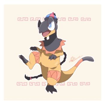 border braid bright_pupils commentary_request full_body gen_6_pokemon hat heliolisk highres hosinyanko nintendo no_humans nostrils open_mouth pokemon pokemon_(creature) qingdai_guanmao solo white_border white_pupils