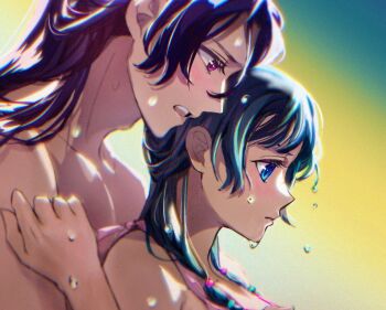 1boy 1girl bare_shoulders beads bikini blue_eyes blush chii_(chi_hrd) closed_mouth commentary_request couple green_hair hair_beads hair_between_eyes hair_ornament half_updo hetero highres jinshi_(kusuriya_no_hitorigoto) kusuriya_no_hitorigoto maomao_(kusuriya_no_hitorigoto) open_mouth parted_bangs pink_bikini pink_eyes purple_hair swimsuit topless_male upper_body wet wet_hair