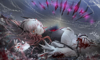 Rule 34 | 1girl, absurdres, arknights, black sweater, bleeding, blood, blood on clothes, blood on face, closed mouth, commentary, crying, crying with eyes open, deep wound, high-waist skirt, highres, horns, injury, lying, on back, pink hair, skirt, smile, solo, sweater, tears, theresa (arknights), turtleneck, turtleneck sweater, white skirt, white sleeves, xiaoye eago