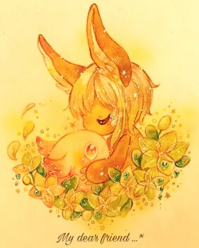 1other absurdres claws closed_eyes closed_mouth commentary_request english_text flower grey_hair highres kiss made_in_abyss mitty_(made_in_abyss) nanachi_(made_in_abyss) other_focus painting_(medium) short_hair traditional_media watercolor_(medium) yellow_flower yukichi_0611