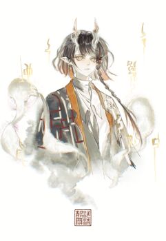 Rule 34 | 1girl, absurdres, arknights, black hair, braid, chinese clothes, chinese commentary, closed mouth, commentary request, cropped torso, dragon girl, dragon horns, earrings, heqing he wu, highres, horns, jewelry, jie (arknights), looking at viewer, multicolored hair, pointy ears, shawl, shirt, short hair, side braid, solo, upper body, white background, white shirt, yellow eyes