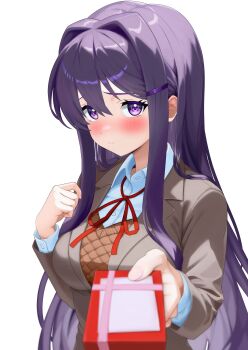 Rule 34 | blazer, blush, box, breasts, buttoned cuffs, buttons, collar, doki doki literature club, doki doki literature club school uniform, dr.doctor, hair clipper, holding, holding box, jacket, large breasts, long hair, looking at viewer, purple eyes, purple hair, ribbon, school uniform, shirt, simple background, valentine chocolate, very long hair, yuri (doki doki literature club)