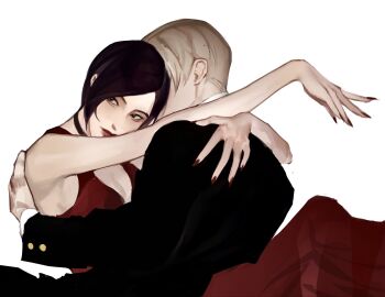 1boy 1girl ada_wong arm_around_back arms_around_neck bare_arms bare_shoulders black_choker black_hair black_jacket blonde_hair breasts choker cleavage closed_mouth collared_shirt couple derivative_work dress fingernails hetero highres jacket leon_s._kennedy long_dress long_fingernails medium_breasts nail_polish qwedsi red_dress red_lips red_nails resident_evil shirt short_hair sleeveless sleeveless_dress suit_jacket swept_bangs upper_body white_background white_shirt