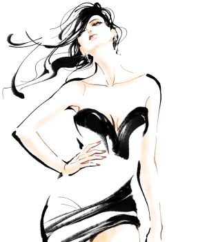 1girl bare_shoulders black_eyeliner black_hair closed_mouth commentary_request cowboy_shot dress earrings eyeliner eyeshadow floating_hair hand_on_own_hip highres jewelry long_hair looking_to_the_side makeup mascara original red_lips red_nails simple_background solo sotoko white_background