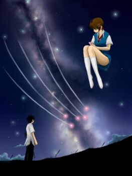 1boy 1girl cellphone cloud commentary_request floating holding holding_phone hoshi_no_koe kneehighs nagamine_mikako night night_sky phone school_uniform short_sleeves sky socks star_(sky) starry_sky terao_noboru white_socks