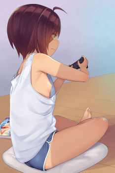 1girl absurdres ahoge bare_arms bare_shoulders barefoot blouse breasts brown_eyes brown_hair controller eyes_visible_through_hair feet female_focus floor full_body game_controller highres holding indoors loli magazine_(object) nipples one-piece_tan original profile shirt shirt_tan short_hair short_shorts shorts shorts_tan sitting sleeveless sleeveless_shirt small_areolae small_breasts small_nipples soccer_shounen_dato_omotte_ie_ni_iretara_hiyake_shoujo_datta_node_omou_zonbun_itazura_shimashita soles solo tan tank_top tanline toes tomboy white_shirt wooden_floor yuzuriha_(active_homing)