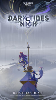 1boy 1girl absurdres blue_hair boots brant_(wuthering_waves) collarbone copyright_name copyright_notice countdown dress english_text fog full_body hat highres official_art on_ship pero_(wuthering_waves) pink_eyes pirate_hat rain roccia_(wuthering_waves) sitting standing wuthering_waves