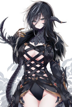 Rule 34 | 1girl, absurdres, au ra, black hair, black jacket, black leotard, breasts, brown trim, check clothing, clothing cutout, clothing request, commentary, cowboy shot, cross-laced clothes, cross-laced leotard, dragon girl, dragon horns, dragon tail, final fantasy, final fantasy xiv, grey background, hair between eyes, highres, horns, jacket, large breasts, leotard, light blush, long hair, long sleeves, looking at viewer, loose hair strand, mechanical hands, messy hair, parted lips, plant, sana (sanamaru 0w0), scales, strapless, strapless leotard, swept bangs, tail, teeth, untranslatable commentary, warrior of light (ff14), white background, white eyes