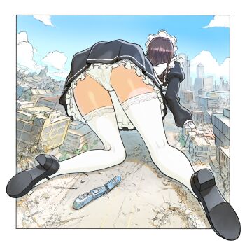 1girl absurdres all_fours building city commentary dattosan destruction english_commentary frilled_skirt frills from_behind giant giantess high_heels highres juliet_sleeves lace lace-trimmed_skirt lace-trimmed_thighhighs lace_trim long_sleeves maid maid_headdress mary_janes original pleated_skirt puffy_sleeves shoes skirt solo thighhighs train upskirt white_thighhighs