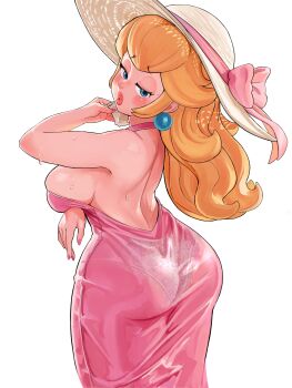 1girl absurdres arm_under_breasts ass ass_focus back backless_dress backless_outfit bare_shoulders blonde_hair blue_eyes blush bow breasts commentary curvy dress earrings from_behind half-closed_eyes halter_dress halterneck hat hat_bow hat_ribbon highres huge_ass jewelry large_breasts lips lipstick long_hair looking_at_viewer looking_back makeup mario_(series) mineru128127 nail_polish nintendo official_alternate_costume open_mouth panties pantylines pink_bow pink_dress pink_lips pink_nails pink_ribbon princess_peach puckered_lips ribbon seductive_gaze see-through_clothes see-through_dress sideboob simple_background solo sphere_earrings sun_hat sweat thick_lips thick_thighs thighs underwear wet wet_clothes wet_dress white_background white_panties