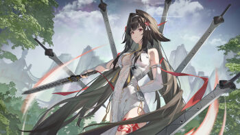 1girl absurdres angel_no_shousou animal_ear_fluff animal_ears architecture arm_behind_back arm_cutout armlet bare_shoulders black_hair blue_sky breasts brown_hair china_dress chinese_clothes closed_mouth clothing_cutout cloud clover clover_hair_ornament commentary commentary_request cowboy_shot day detached_sleeves dress droopy_ears east_asian_architecture floating floating_object floating_sword floating_weapon glint hair_ornament hairband highres holding holding_sword holding_weapon jewelry large_breasts leg_tattoo light_trail long_hair looking_ahead mountainous_horizon multiple_swords outdoors outstretched_arm pelvic_curtain pink_lips print_dress qingming_sword red_eyes see-through_clothes sidelocks silver_armlet single_hair_intake sky solo sword tassel tattoo tree very_long_hair weapon white_dress white_hairband ye_shunguang zenless_zone_zero