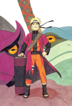Rule 34 | 1boy, absurdres, black boots, black coat, black jacket, blonde hair, blue eyes, boots, coat, facial mark, forehead protector, frog, highres, jacket, konohagakure symbol, layered sleeves, long coat, long sleeves, looking at viewer, multicolored coat, multicolored jacket, naruto (series), naruto shippuuden, official art, open-toe boots, open clothes, open coat, orange jacket, orange pants, pants, pink coat, short hair, short over long sleeves, short sleeves, simple background, solo, two-tone coat, two-tone jacket, uzumaki naruto, whisker markings, white background