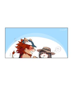 >_< 1boy 1girl absurdres blue_hat border brown_hair chibi chibi_only closed_eyes commentary embarrassed flying_sweatdrops food hat highres lion_boy long_hair marshmallow open_mouth protagonist_2_(housamo) red_hair signature speech_bubble straw_hat tears thought_bubble tokyo_houkago_summoners tongue tongue_out vapula_(housamo) white_border whiteniar