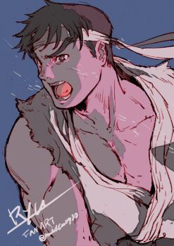 Rule 34 | 1boy, blue background, brown eyes, character name, commentary request, dougi, headband, highres, male focus, medium sideburns, mista0930, open mouth, pectorals, ryu (street fighter), short hair, sideburns, simple background, sleeveless, solo, street fighter, street fighter zero (series), teeth, thick eyebrows, twitter username, upper body, white dougi, white headband