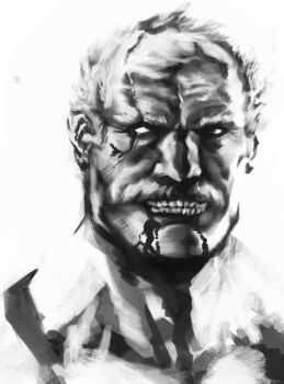 Rule 34 | 1boy, blind eye, blood, blood from mouth, clenched teeth, commentary, conquest (invincible), english commentary, highres, invincible (series), old, old man, portrait, scar, scar across eye, scar on face, short hair, teeth, xan se i