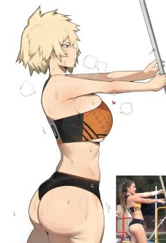 Rule 34 | 2girls, armpit crease, ass, bakugou mitsuki, black buruma, black sports bra, blonde hair, blush, boku no hero academia, breasts, buruma, cowboy shot, derivative work, dr octojuice, from side, heart, heavy breathing, highres, holding, holding pole, large breasts, looking to the side, multiple girls, orange sports bra, pole, real life insert, red eyes, reference inset, screenshot inset, screenshot redraw, simple background, solo focus, spiked hair, sports bra, sweat, tight top, track uniform, tsurime, two-tone sports bra, underboob, white background