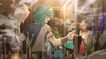 2boys aged_down alternate_costume anaxa_(honkai:_star_rail) aqua_hair blue_shirt bottle commentary_request dirty dirty_face from_behind greco-roman_clothes hand_up highres holding holding_bottle holding_paper honkai:_star_rail honkai_(series) indoors male_focus medium_hair multiple_boys mydei_(honkai:_star_rail) open_mouth orange_hair paper plant potted_plant profile shirt smile standing tanemaki_monaka torn_clothes