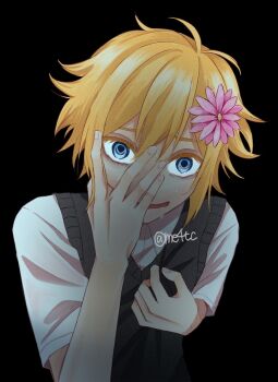Rule 34 | 1boy, antenna hair, artist name, basil (faraway) (omori), basil (omori), black background, blonde hair, blue eyes, commentary request, double-parted bangs, flower, green sweater vest, hair between eyes, hair flower, hair ornament, highres, looking at viewer, male focus, me4tc, nervous smile, omori, open mouth, shirt, short hair, sidelocks, simple background, smile, solo, sweater vest, upper body, white shirt