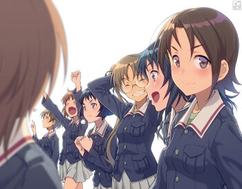 Rule 34 | > <, 6+girls, animal print, artist logo, blue eyes, breast pocket, breasts, brown eyes, brown hair, bug, butterfly, closed eyes, fang, girls und panzer, glasses, insect, logo, looking at viewer, maruyama saki, multiple girls, nishizumi miho, ooarai military uniform, oono aya, open mouth, pairan, pleated skirt, pocket, sakaguchi karina, sawa azusa, short hair, simple background, skirt, small breasts, smile, twintails, utsugi yuuki, white background, white skirt, yamagou ayumi