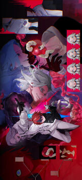 Rule 34 | 2boys, :d, a qing o, absurdres, ahoge, aotsuki eito, apple, apple core, black gloves, black jacket, black streaks, blue eyes, commentary, doorway, evil grin, evil smile, eyeball, food, fruit, gakuran, glasses, gloves, grey hair, grey jacket, grin, highres, holding, holding eyeball, hood, hoodie, jacket, jacket over hoodie, last defense academy school uniform, male focus, multicolored hair, multiple boys, multiple views, one eye closed, open mouth, organs, purple eyes, red hair, school uniform, short hair, sideways, smile, spoilers, stairs, streaked hair, sumino takumi, symbol-only commentary, the hundred line -last defense academy-, white gloves, white hoodie, white jacket, wide-eyed, worm