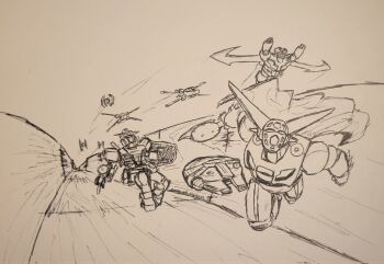 Rule 34 | arm shield, artist name, axe, baronofchickens, beam rifle, cape, commentary, crossover, death star, energy gun, english commentary, flying, getter-1, getter robo, greyscale, gundam, highres, holding, holding axe, humanoid robot, mazinger (series), mazinger z (mecha), mecha, mechanical wings, millennium falcon, mobile suit, monochrome, multiple crossover, no humans, robot, rx-78-2 gundam, science fiction, shield, signature, sketch, spacecraft, star wars, super robot, super robot wars, tie fighter, tomahawk, traditional media, trench, weapon, wings, x-wing