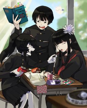 Rule 34 | 1boy, 1girl, 1other, asahi sas brutus, au ra, black eyes, black hair, black horns, black scales, black tail, blunt bangs, bowl cut, brother and sister, commission, commissioner upload, final fantasy, final fantasy xiv, flower, food, glaa da, green eyes, hair flower, hair ornament, highres, holding, holding notebook, horns, hyur, izumi tol amulius, long hair, mole, mole under mouth, moogle, notebook, open mouth, pencil case, pocky, scales, school, school uniform, short hair, siblings, skeb commission, snack, straight hair, warrior of light (ff14), yotsuyu goe brutus