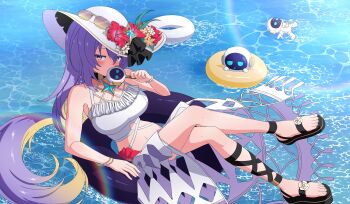 1girl absurdres afloat bare_shoulders bikini blonde_hair blush bracelet breasts commentary covered_mouth crossed_legs english_commentary flower full_body gladiator_sandals hat hat_flower highres holding hololive hololive_indonesia innertube jewelry kaiyen large_breasts long_hair looking_at_viewer moona_hoshinova multicolored_hair navel ocean on_innertube purple_hair sandals sarong solo sun_hat swim_ring swimsuit very_long_hair virtual_youtuber white_bikini