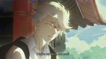 1boy a_dumbling backpack bag black_bag blue_eyes body_horror collared_shirt highres hikaru_ga_shinda_natsu male_focus nice_(to_be_hero_x) scene_reference shirt short_hair solo subtitled to_be_hero to_be_hero_x upper_body white_hair white_shirt