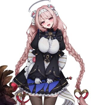 1girl :d absurdres ankkoyom apron beleth_(eversoul) blush bow braid breasts broken_halo cable_knit circuit_board_print commission dress duster eversoul feather_duster frills gloves grey_thighhighs hair_ornament halo heart highres holding holding_duster large_breasts long_hair long_sleeves looking_at_viewer maid maid_apron mechanical_halo open_mouth pink_eyes pink_hair simple_background smile solo standing swept_bangs thighhighs twin_braids waist_apron waist_bow white_background white_gloves white_halo