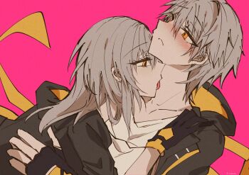 1boy 1girl black_coat black_gloves black_jacket blush caelus_(honkai:_star_rail) closed_mouth clothes_grab coat collarbone commentary_request dual_persona fingerless_gloves from_side gloves grey_hair hair_between_eyes hand_around_waist hand_on_another's_shoulder hetero highres honkai:_star_rail honkai_(series) hood hooded_coat hooded_jacket jacket kinona licking licking_another's_neck long_hair long_sleeves looking_at_another open_clothes open_coat orange_eyes pink_background selfcest shirt short_hair sidelocks simple_background stelle_(honkai:_star_rail) t-shirt tongue tongue_out trailblazer_(honkai:_star_rail) two-sided_coat two-sided_fabric upper_body white_shirt yellow_coat yellow_eyes