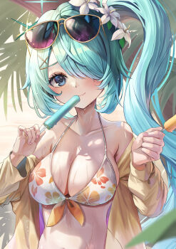 1girl bare_shoulders bikini blue_archive blue_eyes blue_hair blush breasts cleavage closed_mouth collarbone commentary day dual_wielding eyelashes eyewear_on_head floral_print floral_print_bikini flower food hair_ornament hair_over_one_eye halterneck hands_up highres hiyori_(blue_archive) hiyori_(swimsuit)_(blue_archive) holding holding_food holding_popsicle large_breasts long_hair looking_at_viewer official_alternate_costume official_alternate_hairstyle one_eye_covered outdoors ponytail popsicle print_bikini side_ponytail smile solo suidou_chaahan sunglasses swimsuit upper_body very_long_hair wet white_bikini white_flower x_hair_ornament