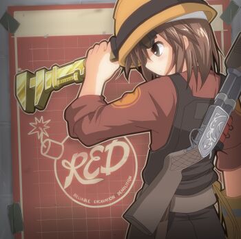1girl blueprint_(object) brown_eyes brown_hair cosplay engineer_(tf2) female_focus goggles gold gun hangaku hard_hat helmet highres mining_helmet misaka_imouto overalls red_engineer_(tf2) reverse_grip serious short_hair shotgun solo team_fortress_2 the_engineer the_engineer_(cosplay) toaru_kagaku_no_railgun toaru_majutsu_no_index typo weapon wrench