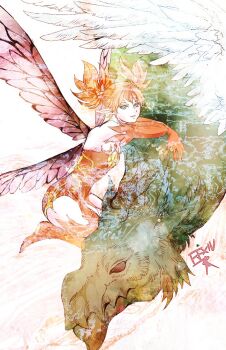 Rule 34 | 1girl, amaro (ff14), blue eyes, commentary request, copyright name, elbow gloves, fairy, fairy wings, feo ul, final fantasy, final fantasy xiv, gloves, leotard, orange gloves, orange hair, orange leotard, orange thighhighs, pixie (ff14), pointy ears, purple wings, ruka (blueplus84), short twintails, thighhighs, twintails, wings