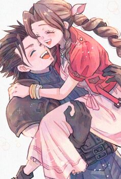 1boy 1girl aerith_gainsborough armor belt black_gloves black_hair blue_sweater blush bracelet carrying closed_eyes couple dress drill_hair drill_sidelocks final_fantasy final_fantasy_vii final_fantasy_vii_remake gloves hair_ribbon happy hashtag-only_commentary heads_together hetero highres jacket jewelry multiple_belts open_mouth parted_bangs pink_dress pink_ribbon princess_carry red_jacket ribbon satoko_sakae short_sleeves shoulder_armor sidelocks simple_background sleeveless sleeveless_turtleneck smile spiked_hair sweater turtleneck turtleneck_sweater twitter_username zack_fair