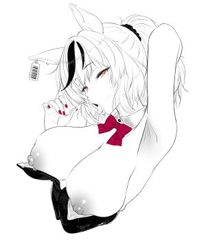 1girl absurdres alternate_breast_size_(larger) animal_ears arm_up armpits bow bowtie breasts breasts_out brown_eyes commentary detached_collar ear_tag english_commentary fellatio_gesture fingernails greyscale hair_ornament hair_scrunchie heart heart-shaped_pupils highres horse_ears horse_girl large_breasts leotard limited_palette looking_at_viewer monochrome multicolored_hair nail_polish naughty_face neko4xmata_(mao_zhuo) nice_nature_(umamusume) nipples nontraditional_playboy_bunny open_mouth ponytail red_bow red_bowtie red_nails scrunchie smile solo strapless strapless_leotard streaked_hair symbol-shaped_pupils tongue tongue_out umamusume undersized_breast_cup